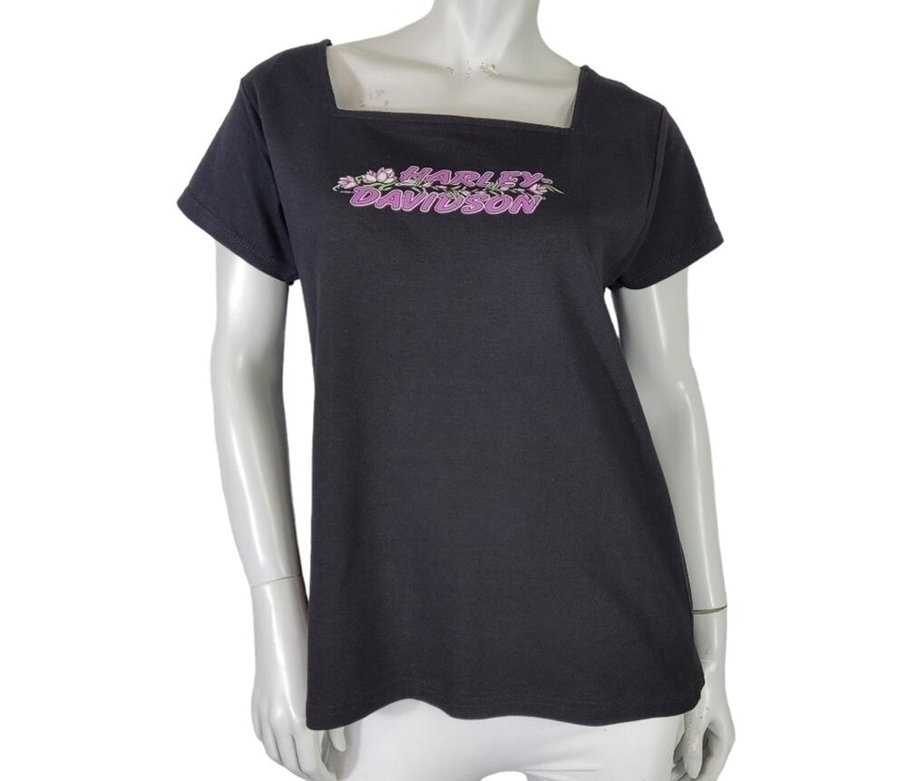 Harley Davidson WMS XL Square Neck Short Sleeve Cotton Top -Black Purple Logo